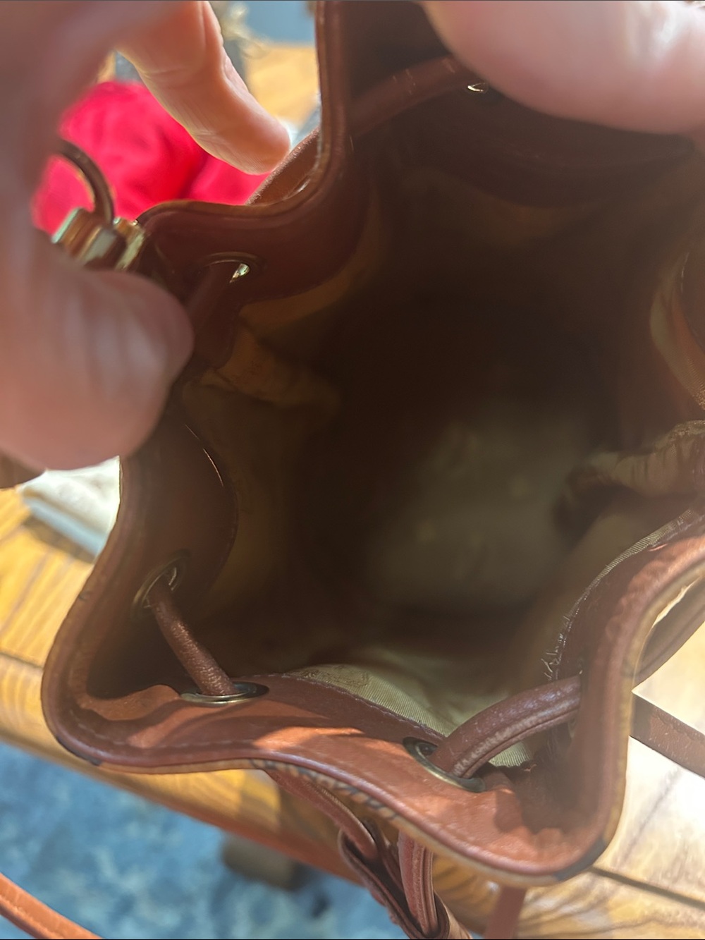 MCM Cognac Brown Monogram Leather Drawstring Mini Bucket Bag - Picture 9 of 11